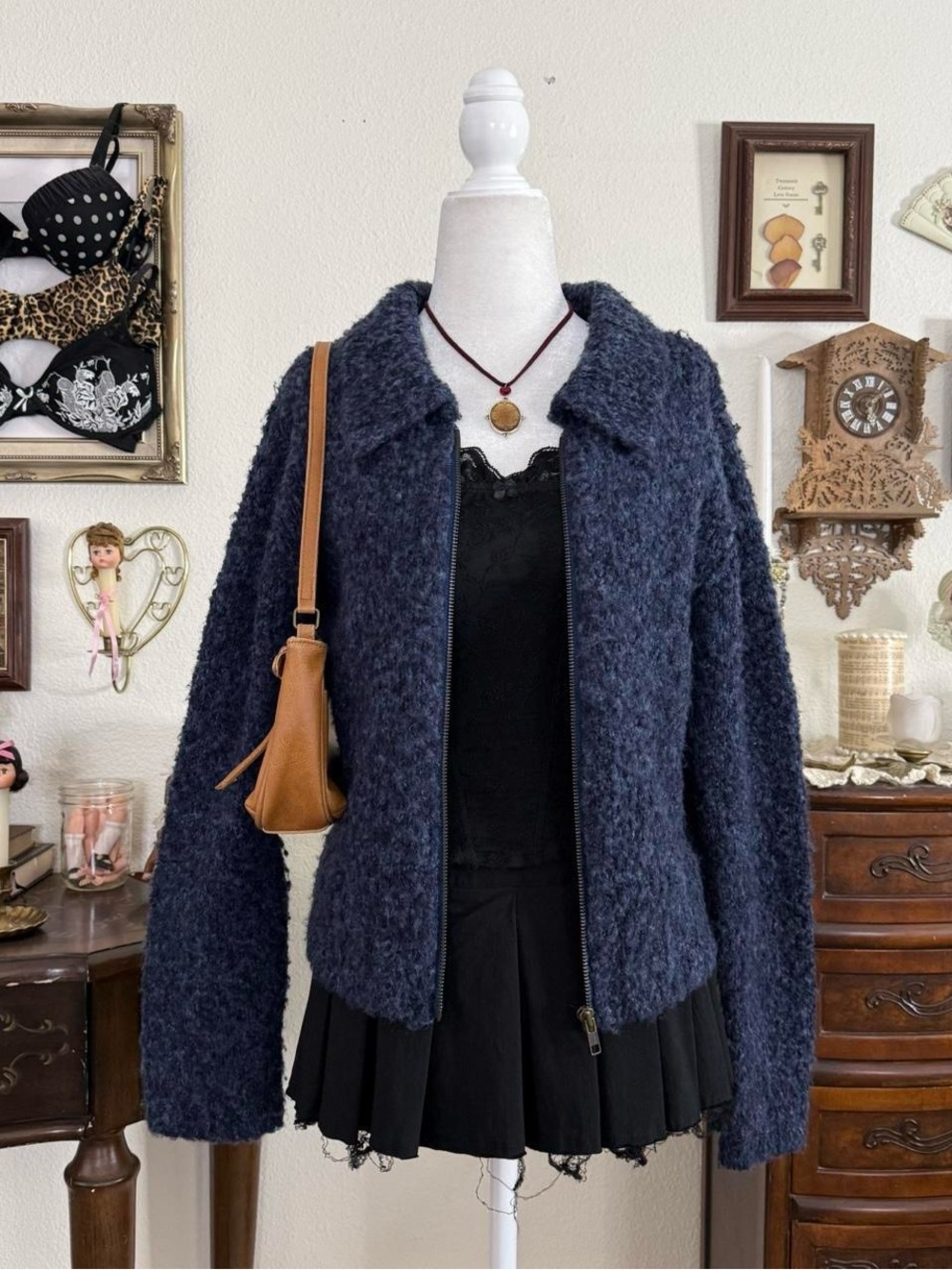 90’s preppy whimsical midnight blue textured zip up collared cardigan